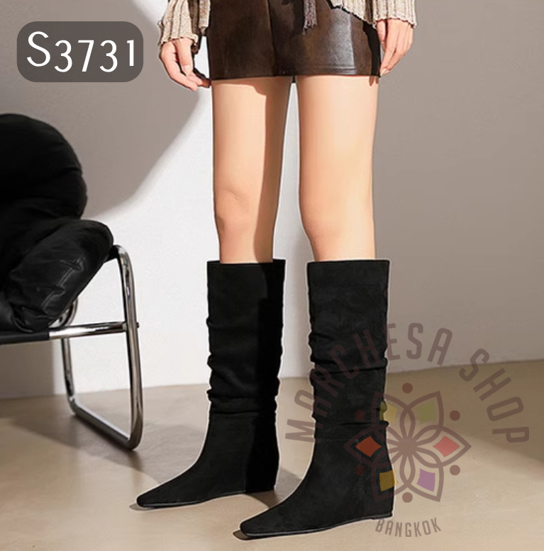 S3731 - 頭層羊猄皮皺摺尖頭內增高中長靴