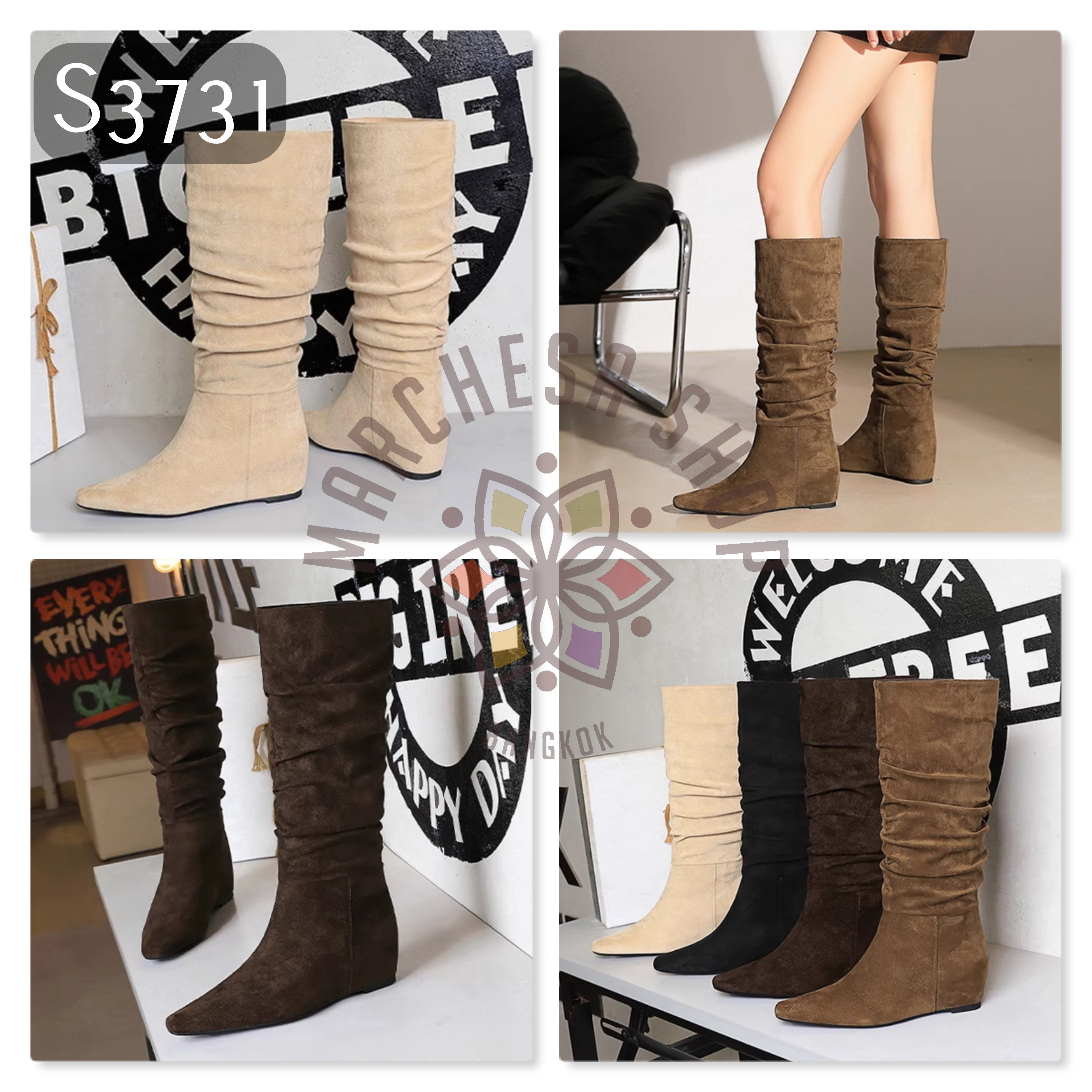 S3731 - 頭層羊猄皮皺摺尖頭內增高中長靴