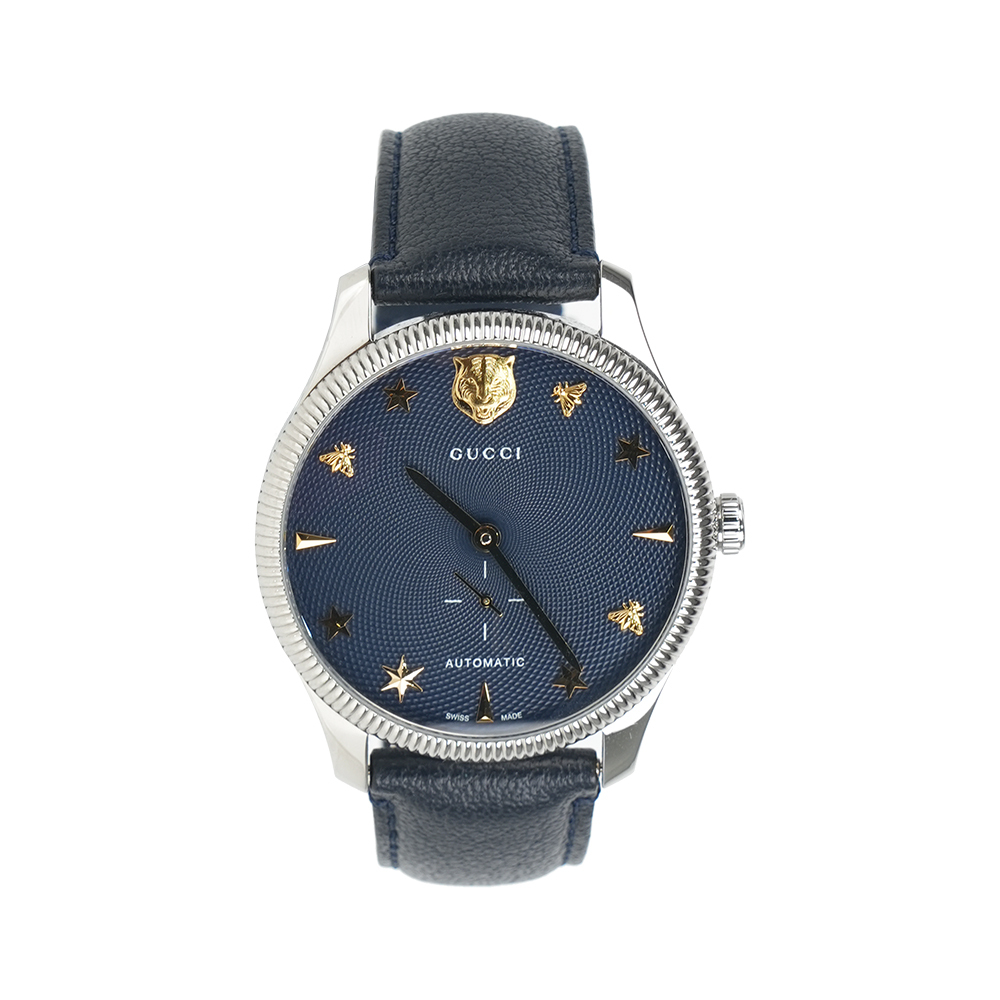 【GUCCI】G-Timeless 虎頭及蜜蜂星星圖案機械錶(深藍色)