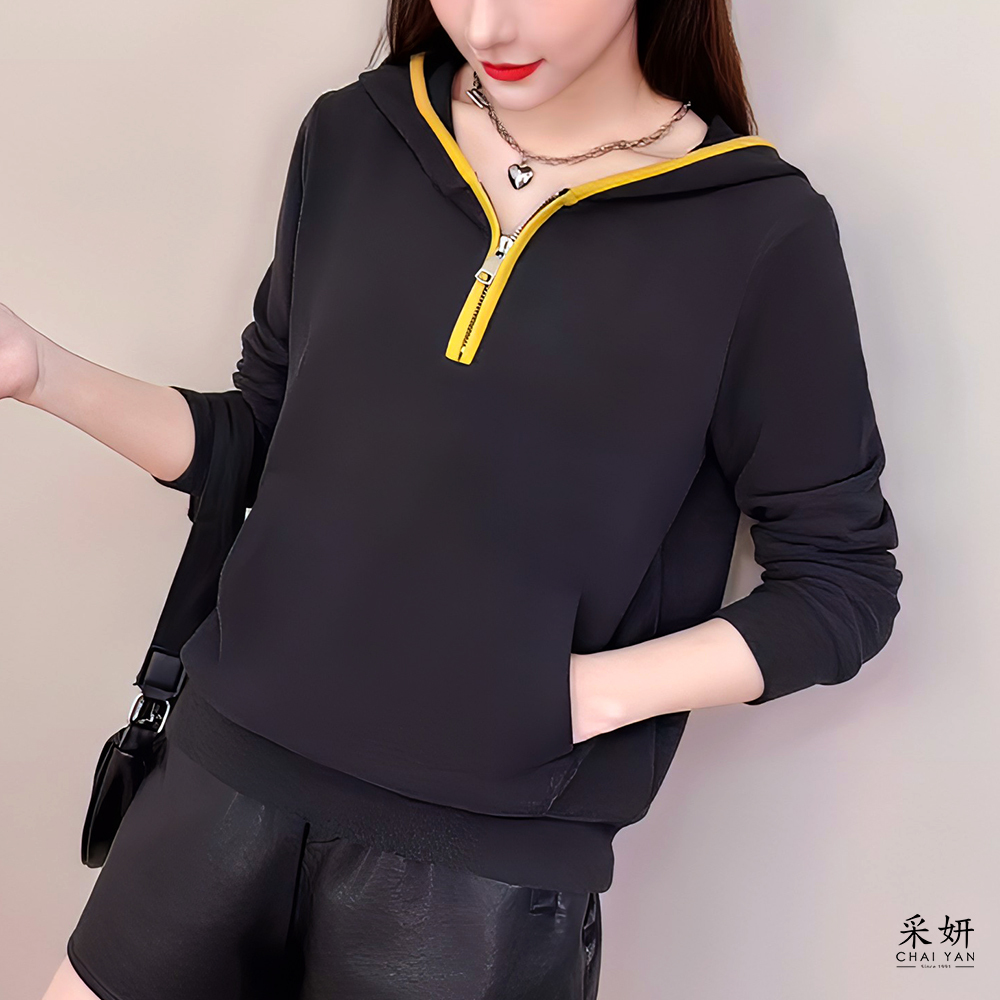 刷絨跳色拉鍊連帽長袖上衣