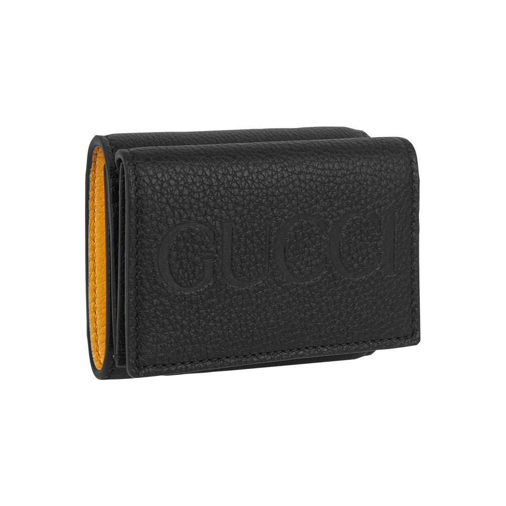 【GUCCI】Logo 壓印內拼色迷你三折短夾(黑色/黃色)