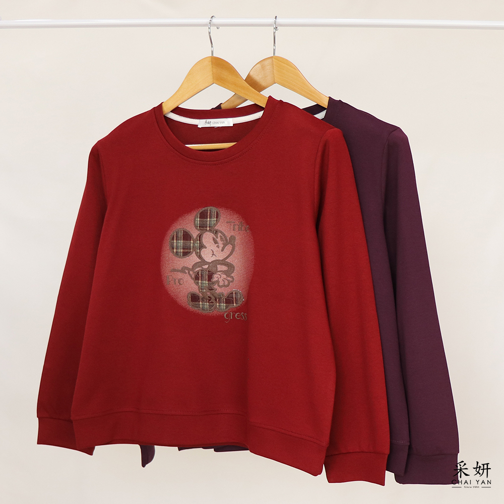 卡通生氣小人刺繡滑棉圓領長袖上衣