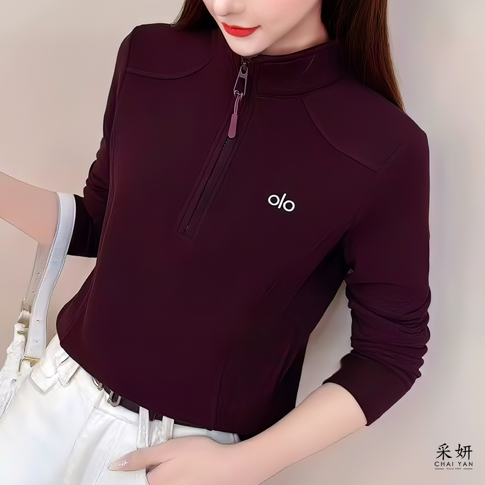 字母刺繡刷絨拉鍊立領長袖上衣