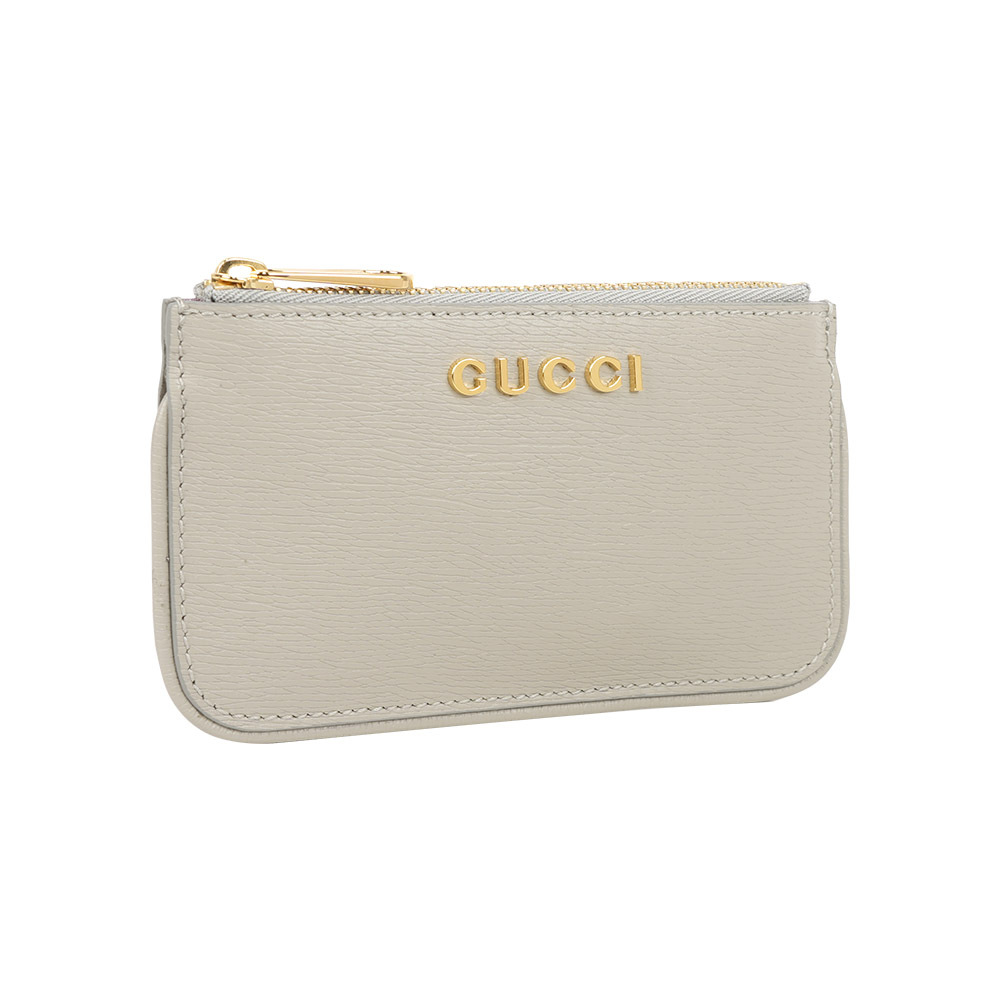 【GUCCI】金色Logo 皮革拉鍊鑰匙包/零錢包(灰色)