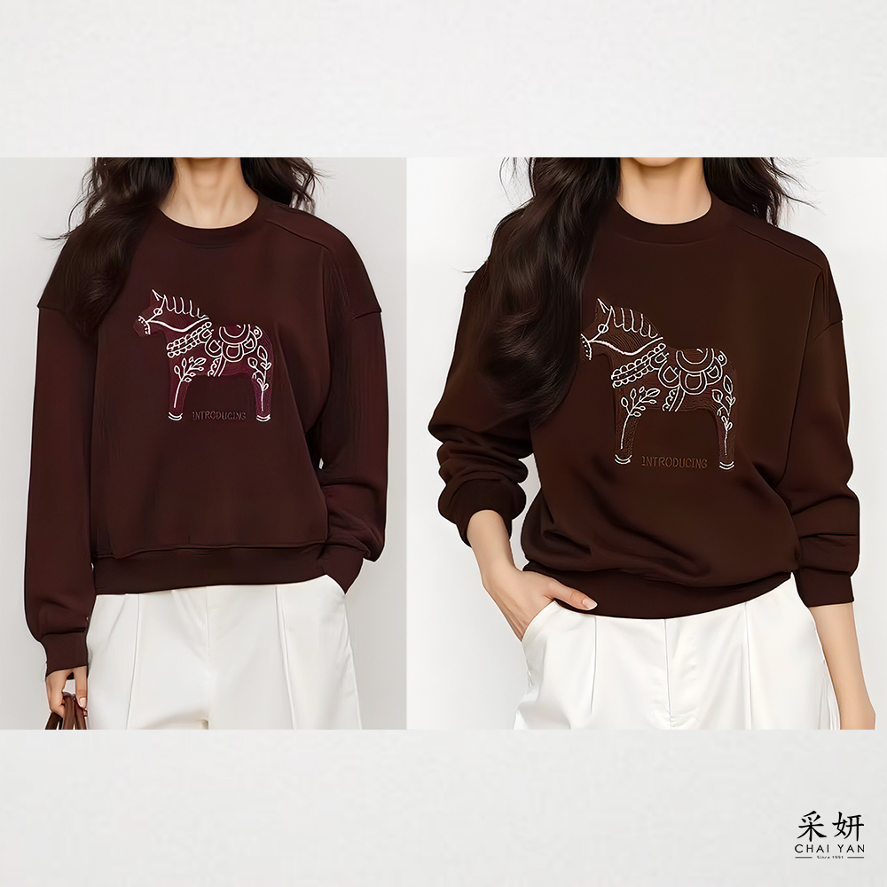 落肩圖紋小馬字母刺繡滑棉圓領長袖上衣