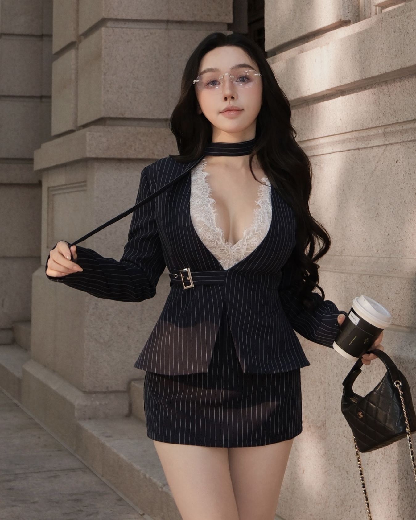 訂製-知性條紋開襟側釦西裝外套