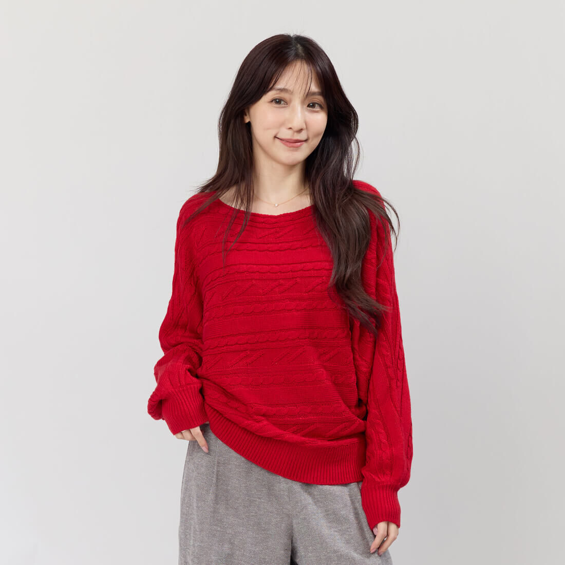 Bonnie一字領麻花蝙蝠袖針織毛衣/紅