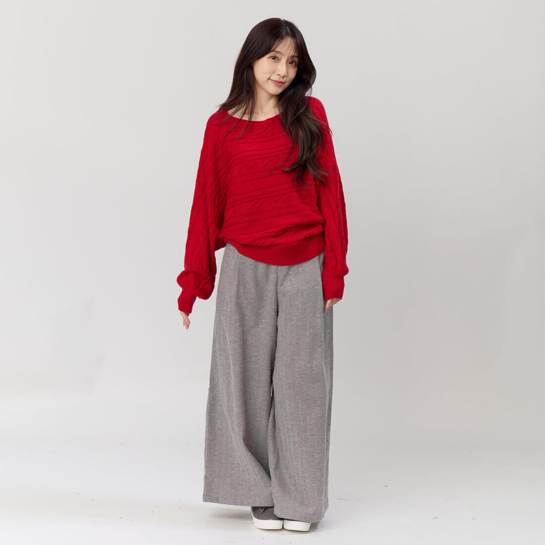 Bonnie一字領麻花蝙蝠袖針織毛衣/紅