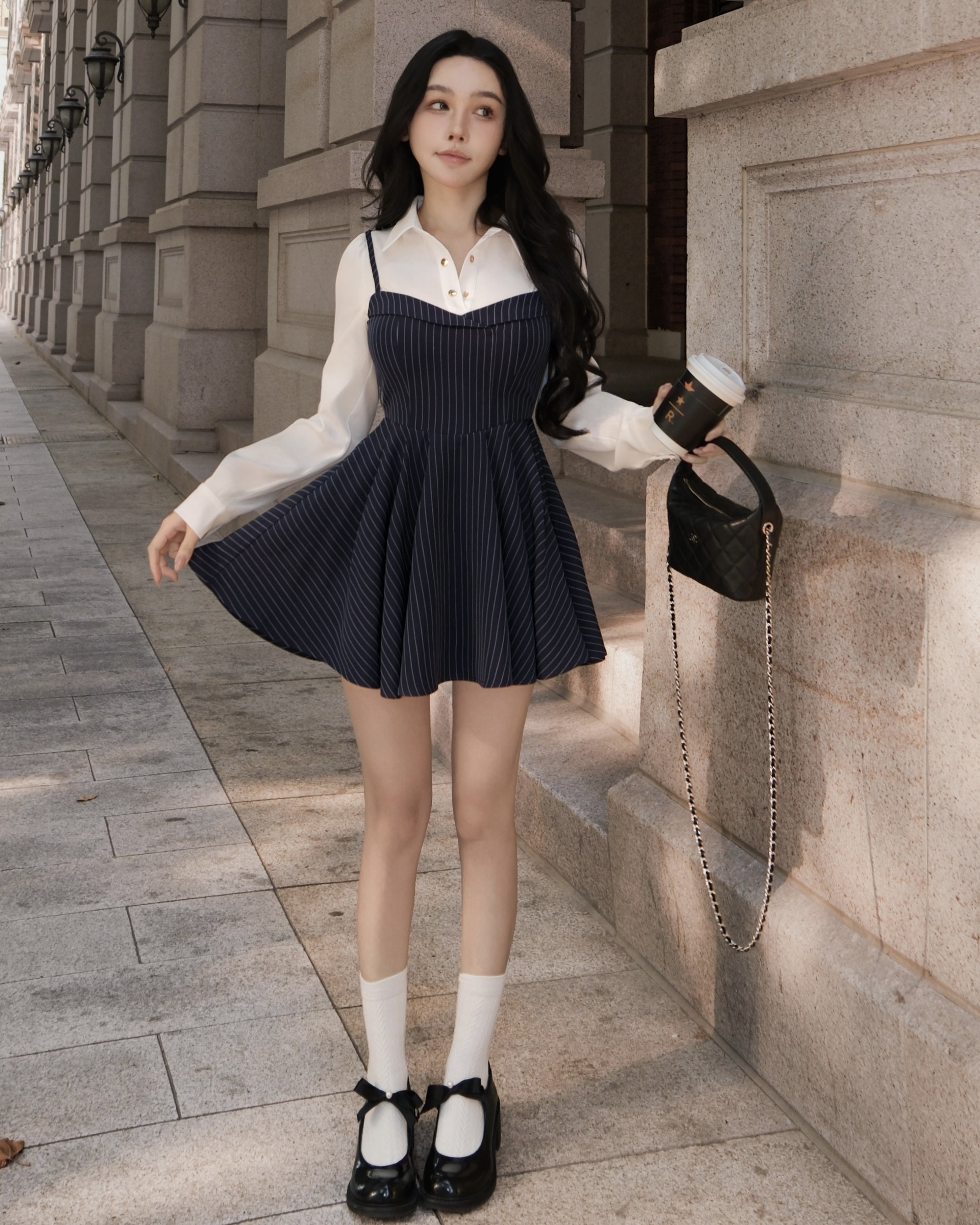 訂製-知性條紋假兩件襯衫傘洋