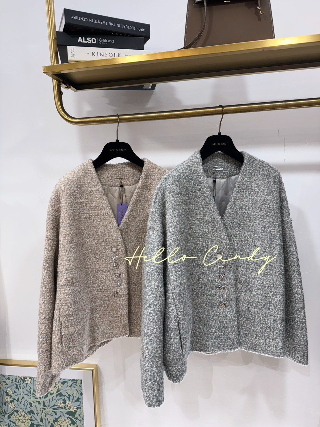 B11129 超甜美50 %羊毛造型釦珍珠毛料外套