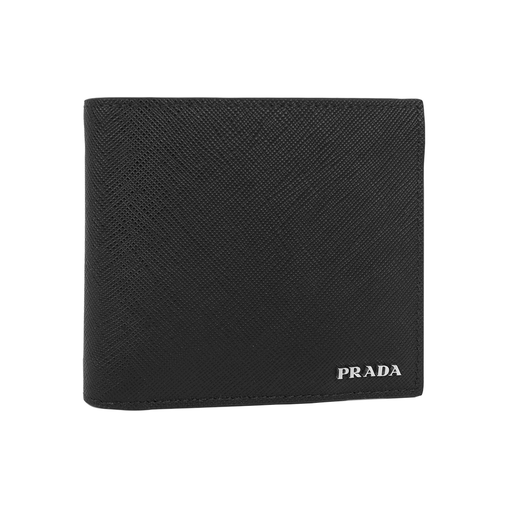 【Prada】銀字Logo 防刮皮革對開8卡短夾(黑色)