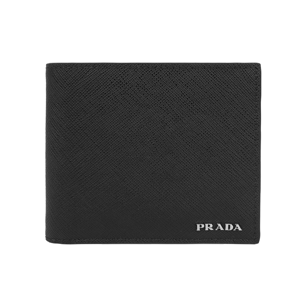 【Prada】銀字Logo 防刮皮革對開8卡短夾(黑色)