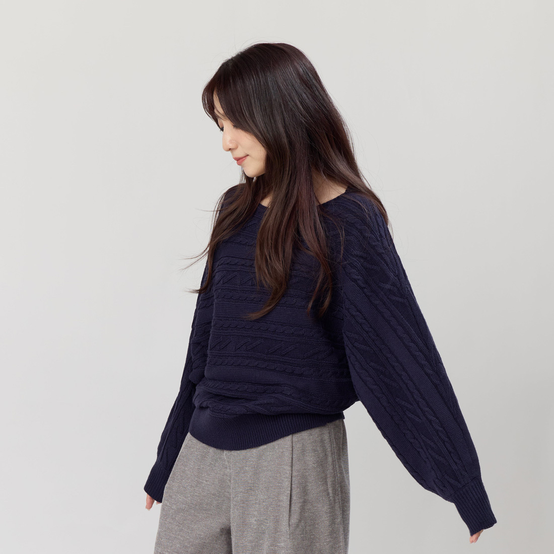 Bonnie一字領麻花蝙蝠袖針織毛衣/深藍