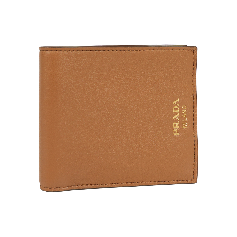 【Prada】金色燙印Logo 牛皮對開8卡短夾(焦糖色)