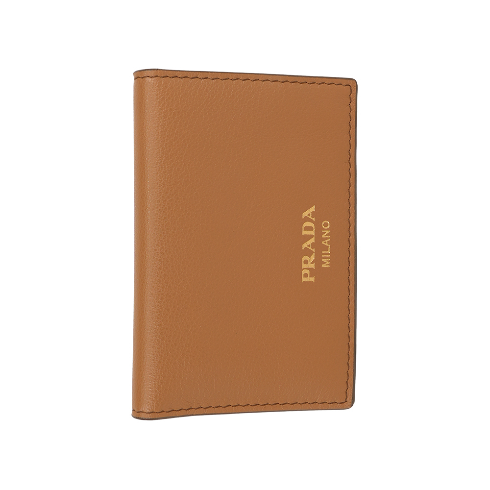 【Prada】金色燙印Logo 牛皮對卡片夾/名片夾(焦糖色)