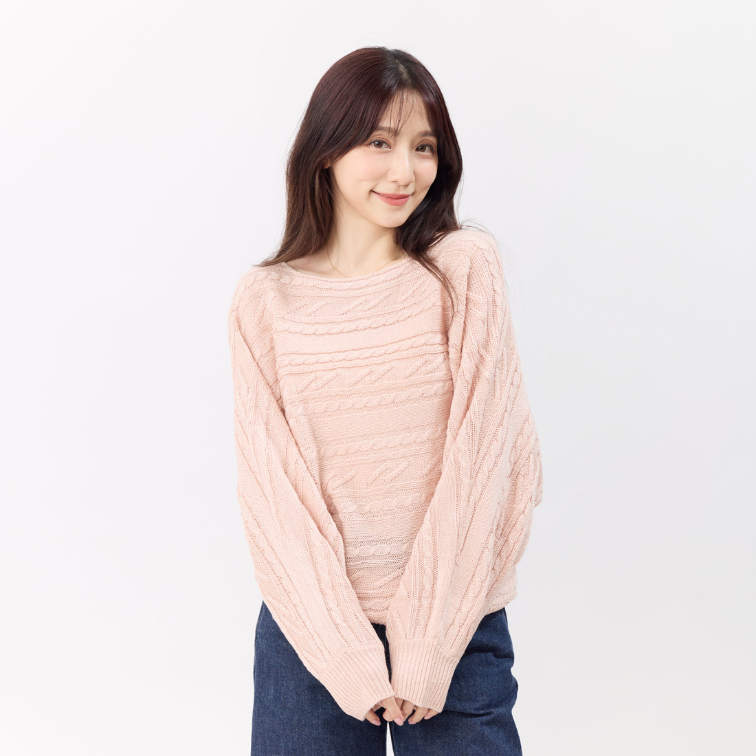 Bonnie一字領麻花蝙蝠袖針織毛衣/粉