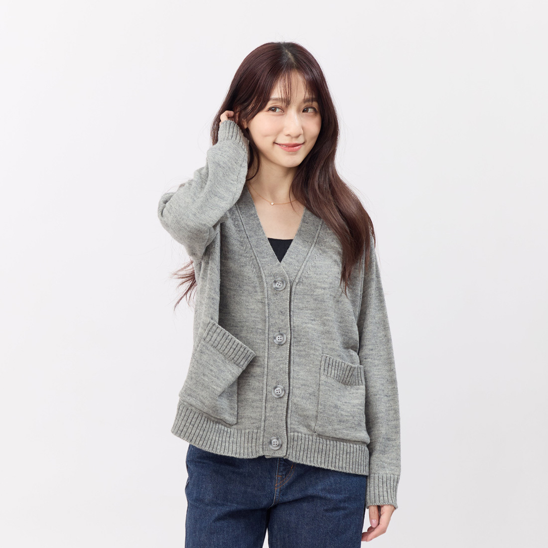 Carol寬邊V領開襟針織外套/灰