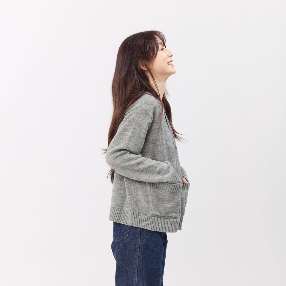 Carol寬邊V領開襟針織外套/灰