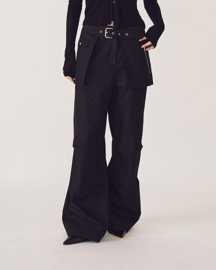 設計壓褶工裝褲 附外裙-黑