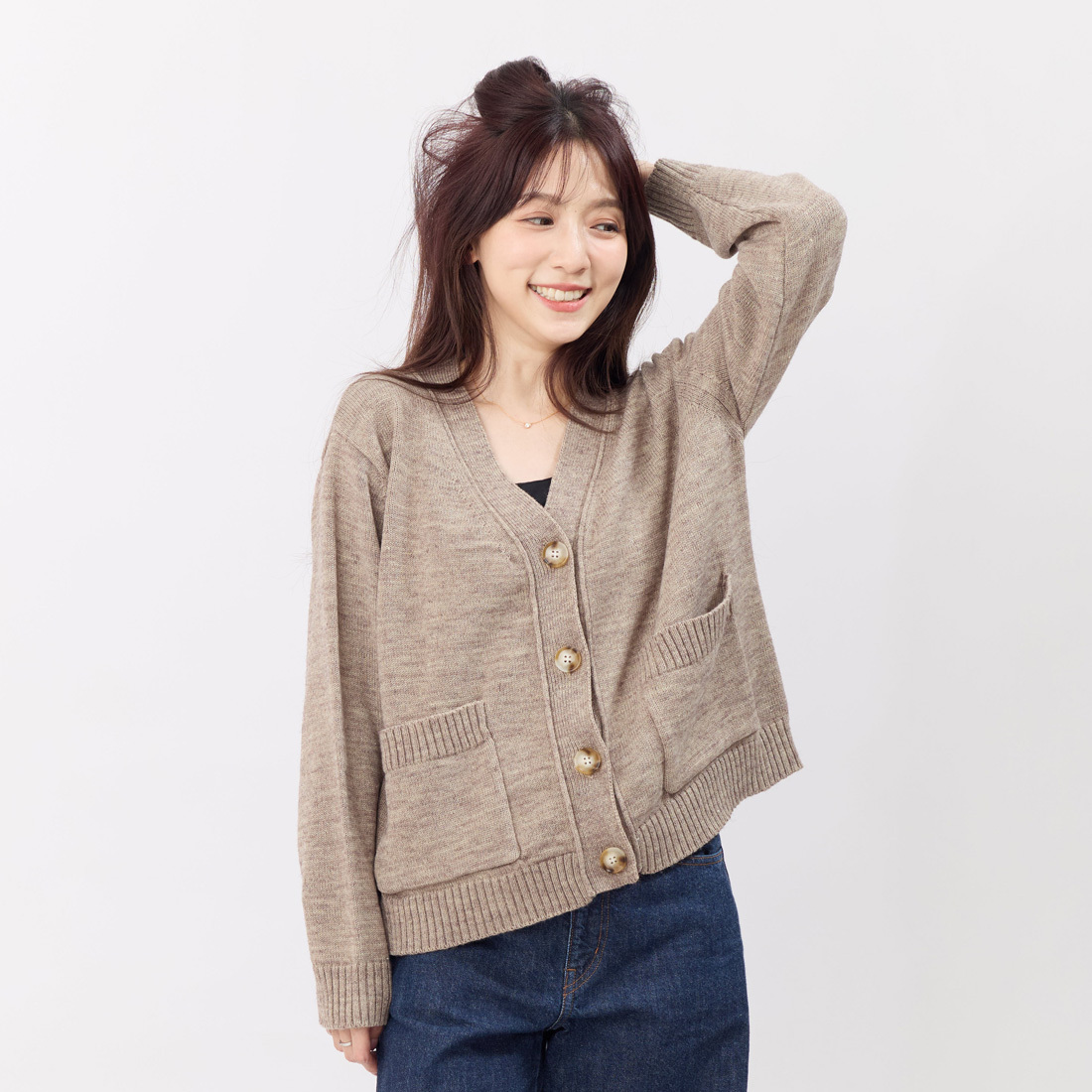 Carol寬邊V領開襟針織外套/棕