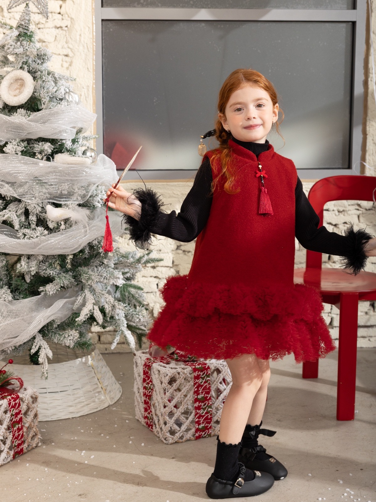 喜慶紅色花瓣洋裝