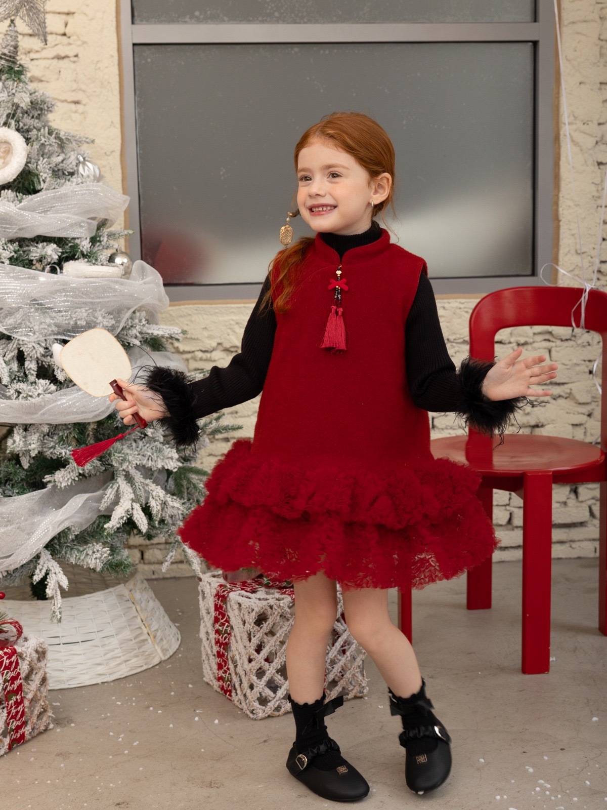 喜慶紅色花瓣洋裝