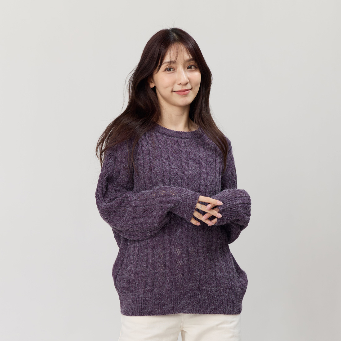 Rita圓領麻花套頭針織毛衣/深紫