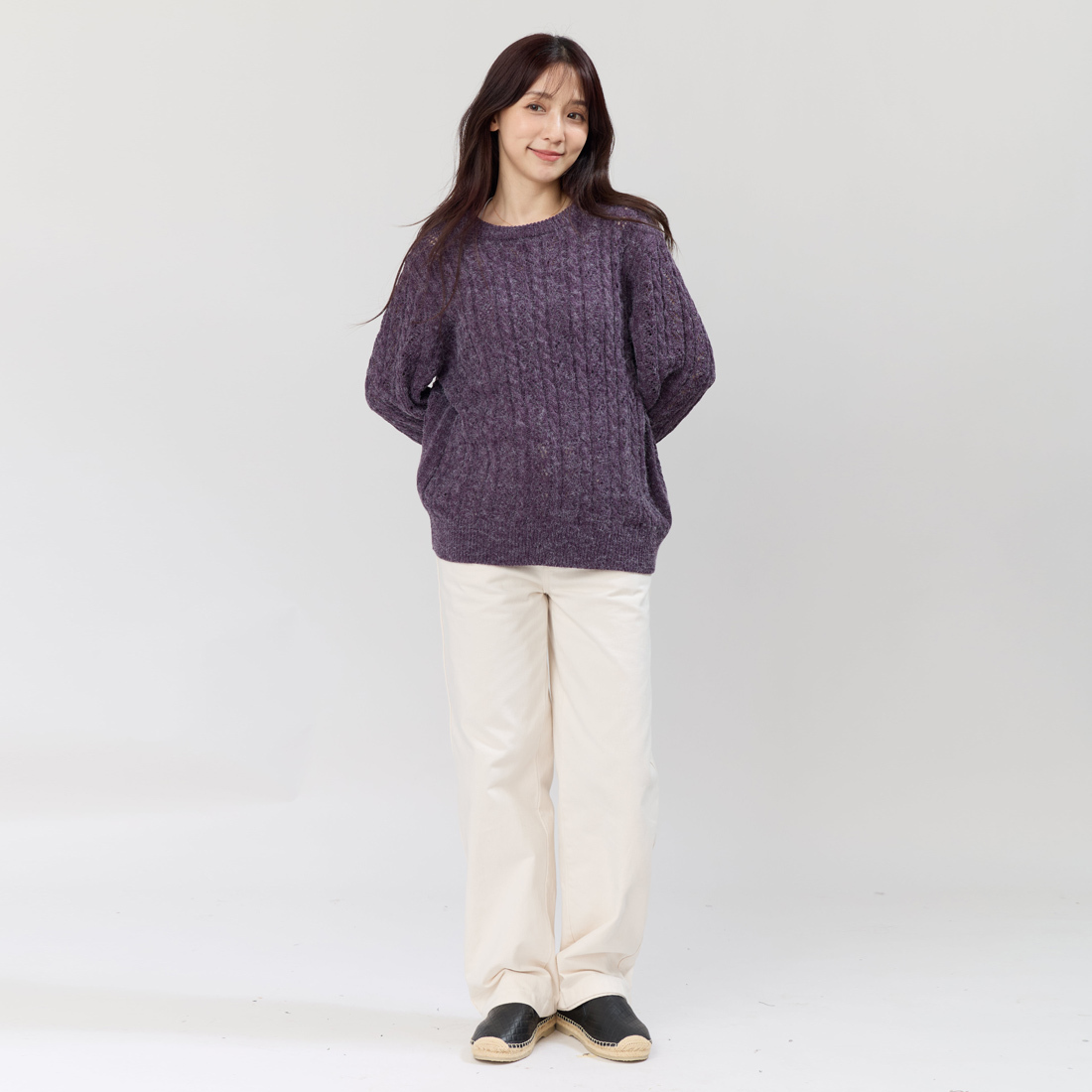 Rita圓領麻花套頭針織毛衣/深紫