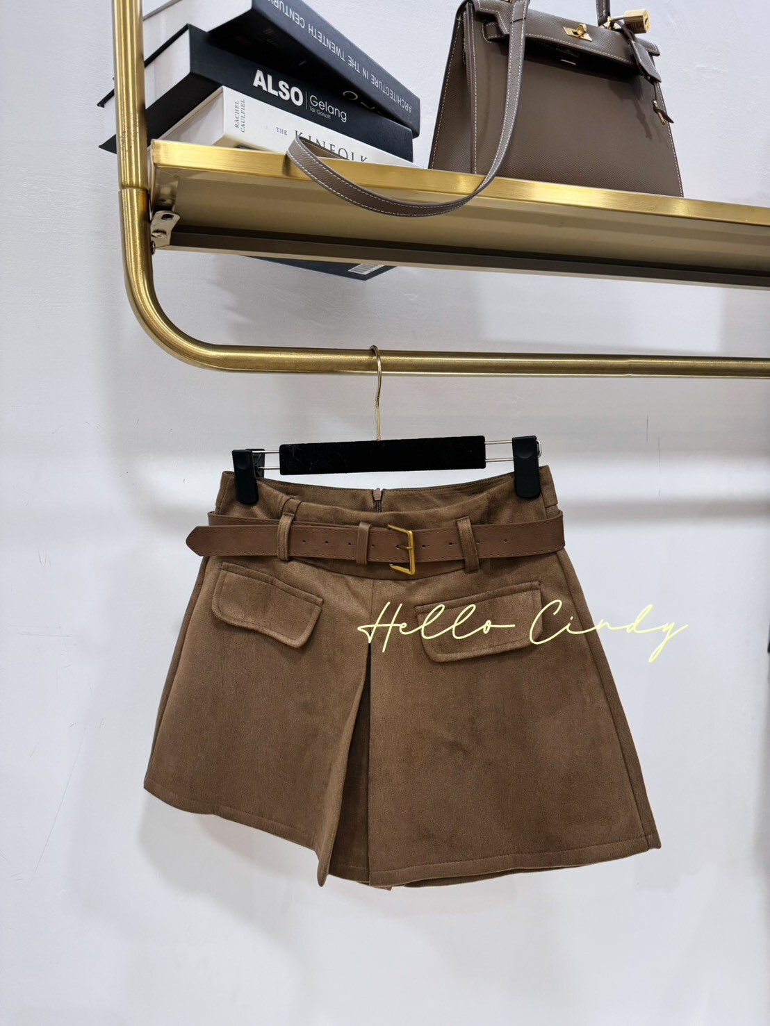 B11159 超顯瘦防麂皮造型口袋打折褲裙（附腰帶)