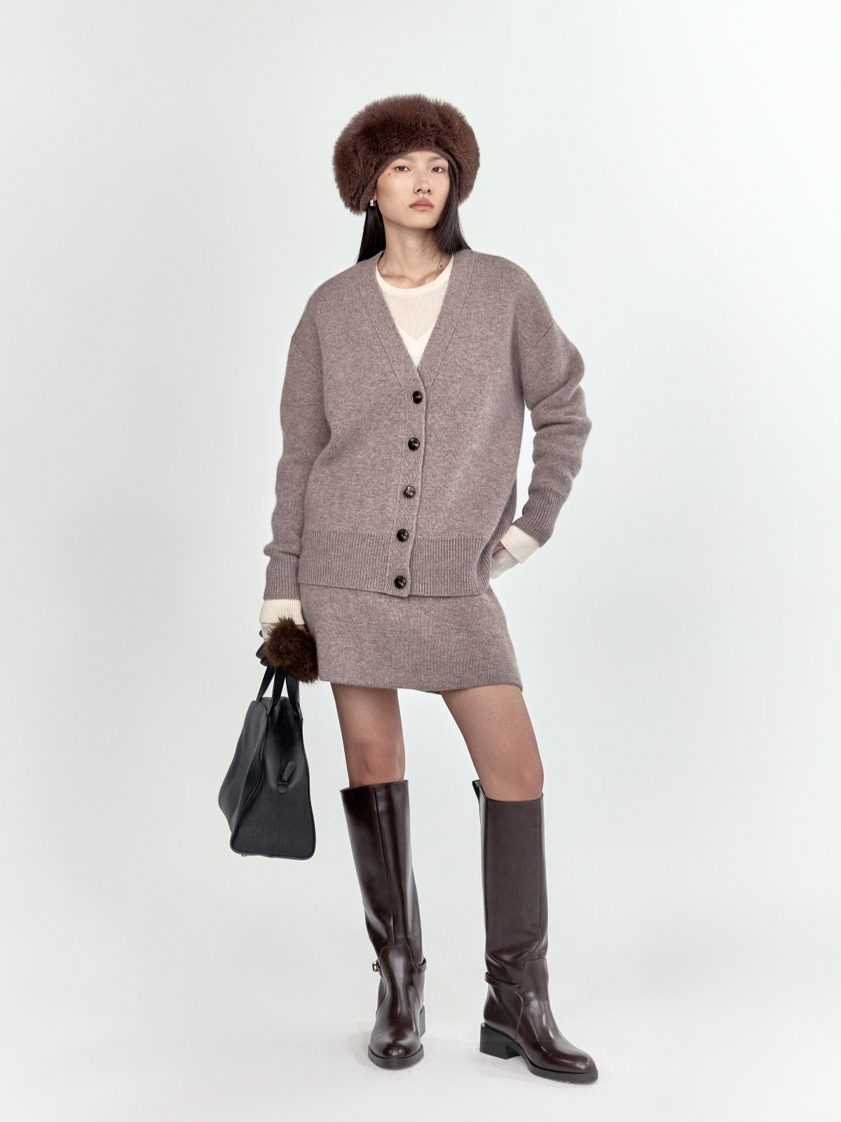 HANAA 新款100%羊絨A字廓形針織短裙