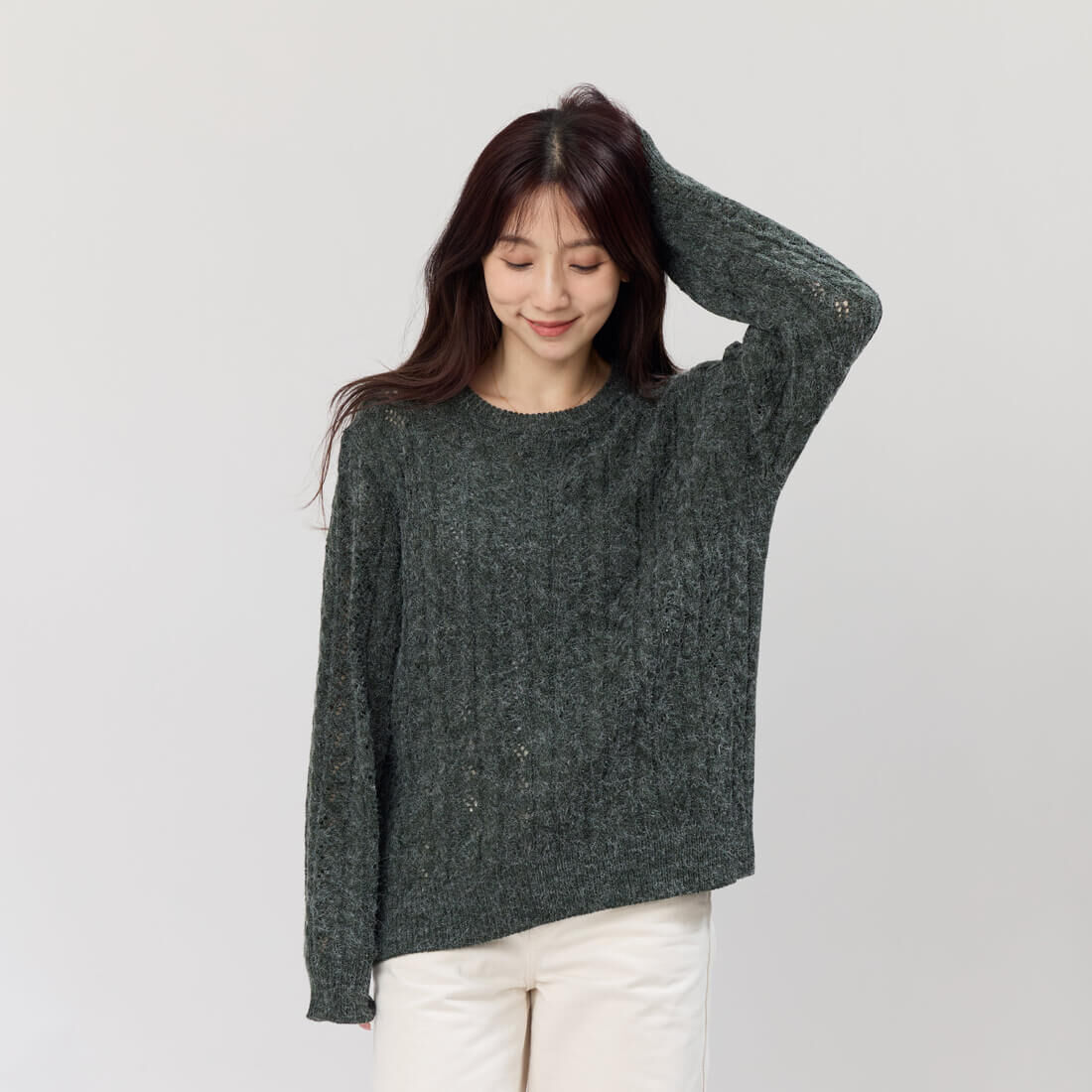 Rita圓領麻花套頭針織毛衣/深藻綠