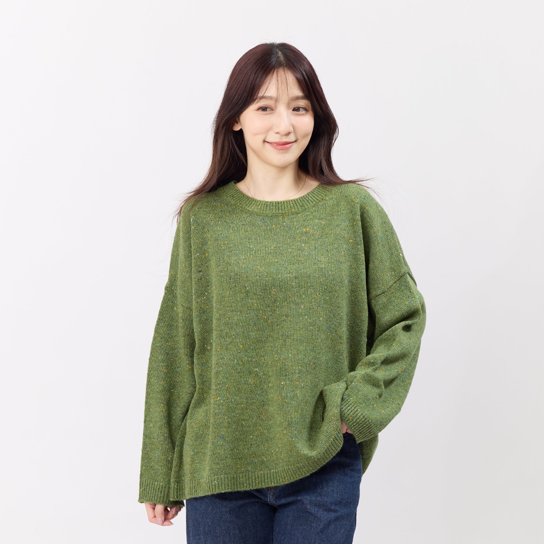 Melissa彩點圓領寬版針織毛衣/松綠