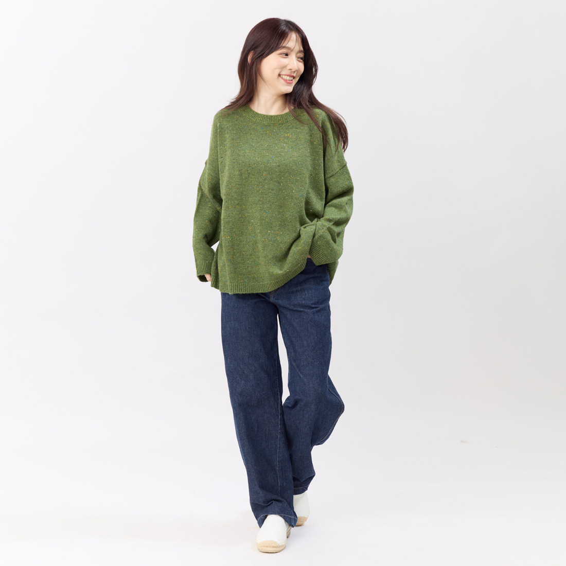 Melissa彩點圓領寬版針織毛衣/松綠