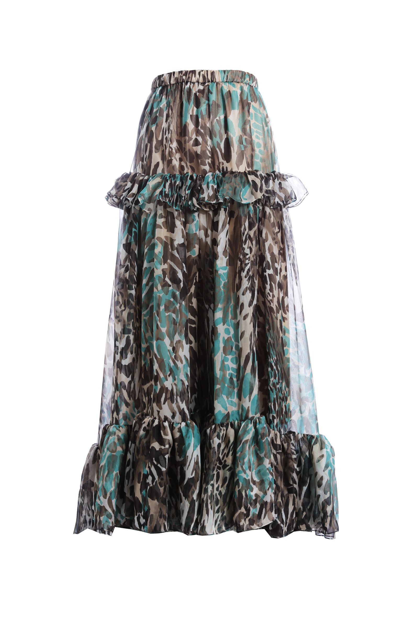 BE15069C1 海霧野境薄紗動物紋荷葉長裙