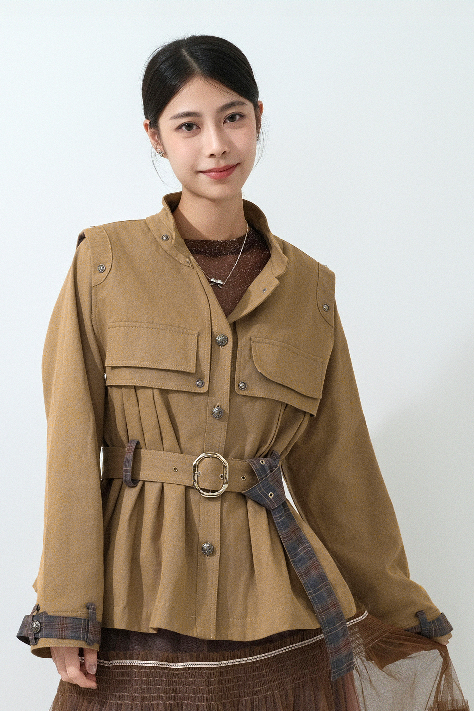 民族撞釘格仔拼斜布外套 (預購產品）