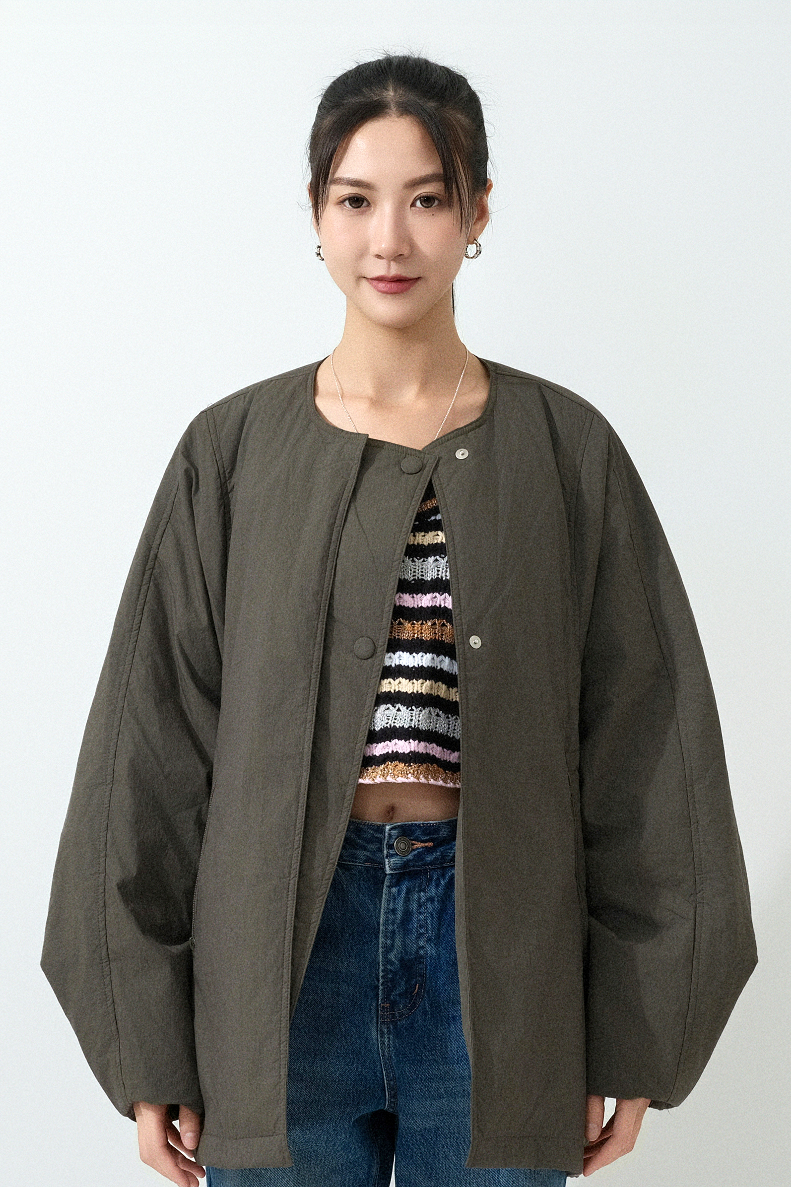 斜襟圓領間棉寬鬆外套 (預購產品)