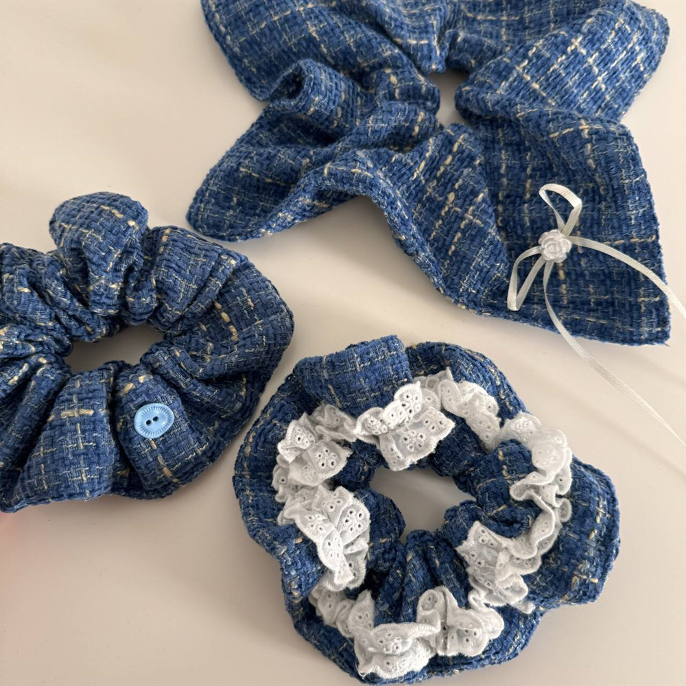 《6408》小香風丹寧毛呢大腸髮圈