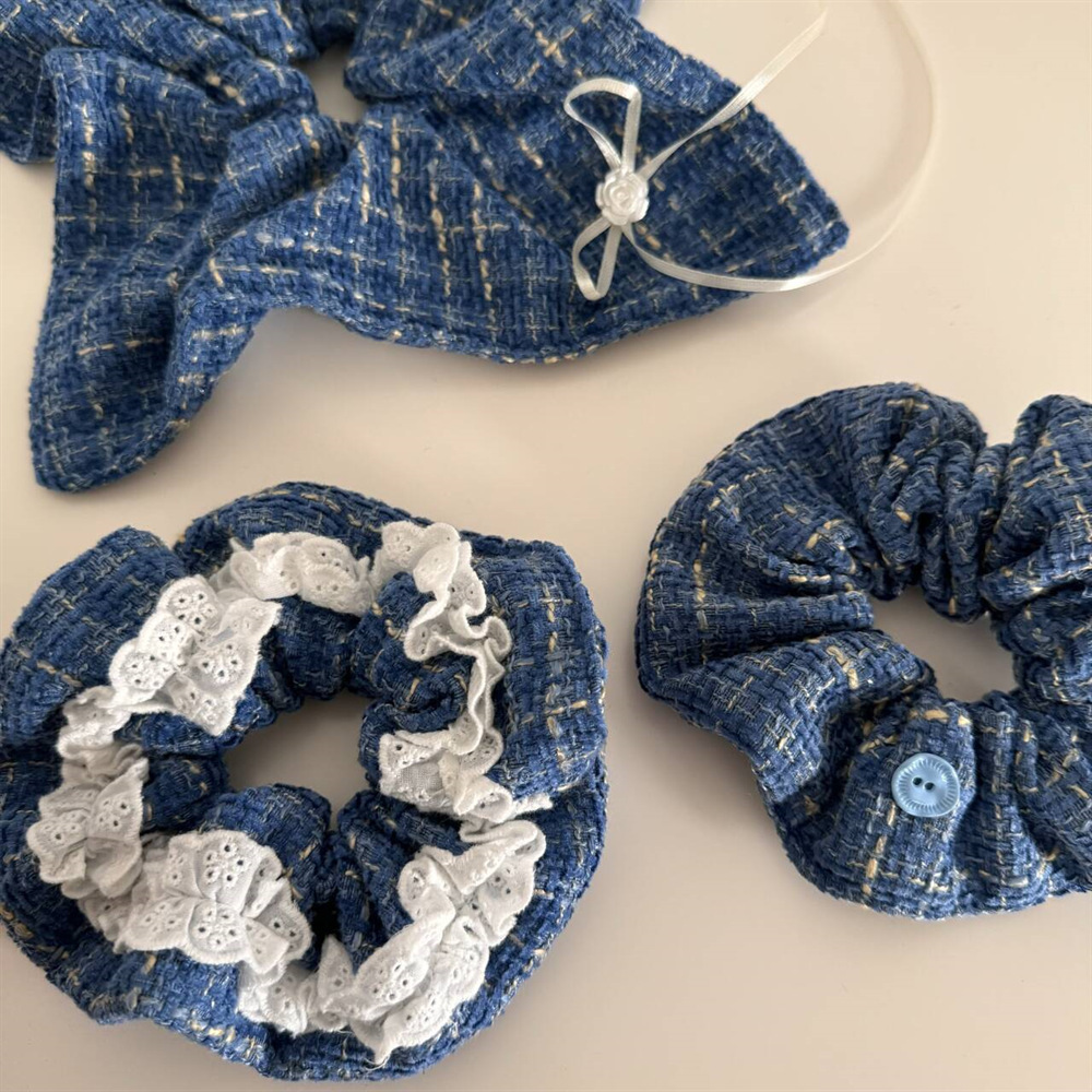 《6408》小香風丹寧毛呢大腸髮圈