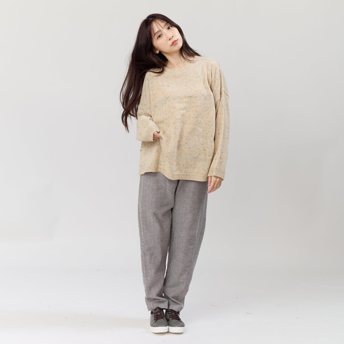 Melissa彩點圓領寬版針織毛衣/米杏