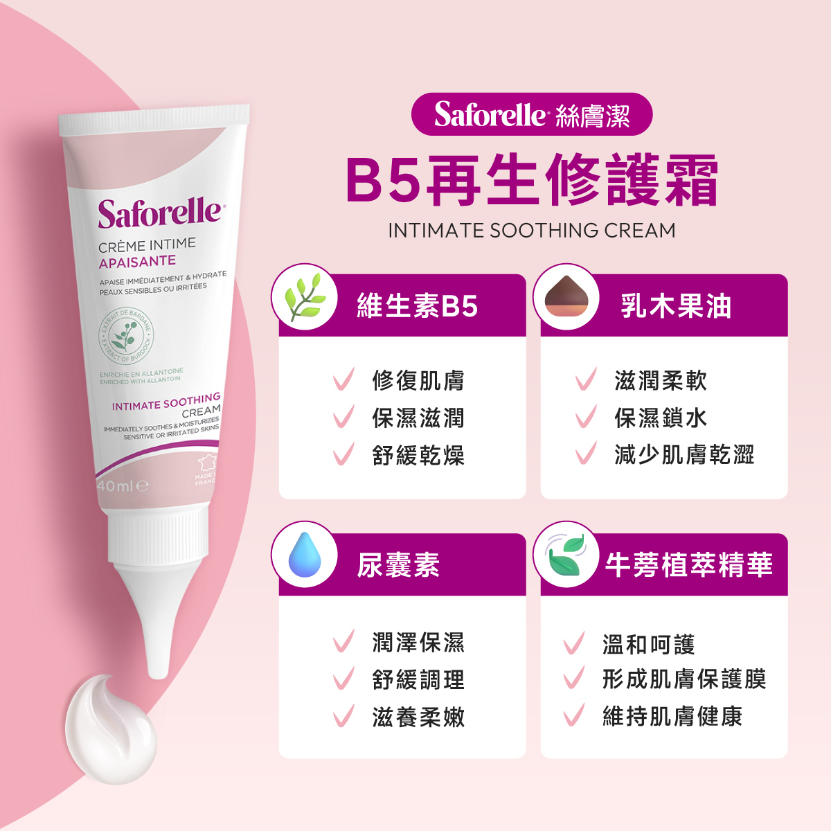 維生素B5、乳木果油、尿囊素與法國植萃牛蒡,多重保濕修護與舒緩呵護,讓私密肌膚柔嫩水潤,安心親膚