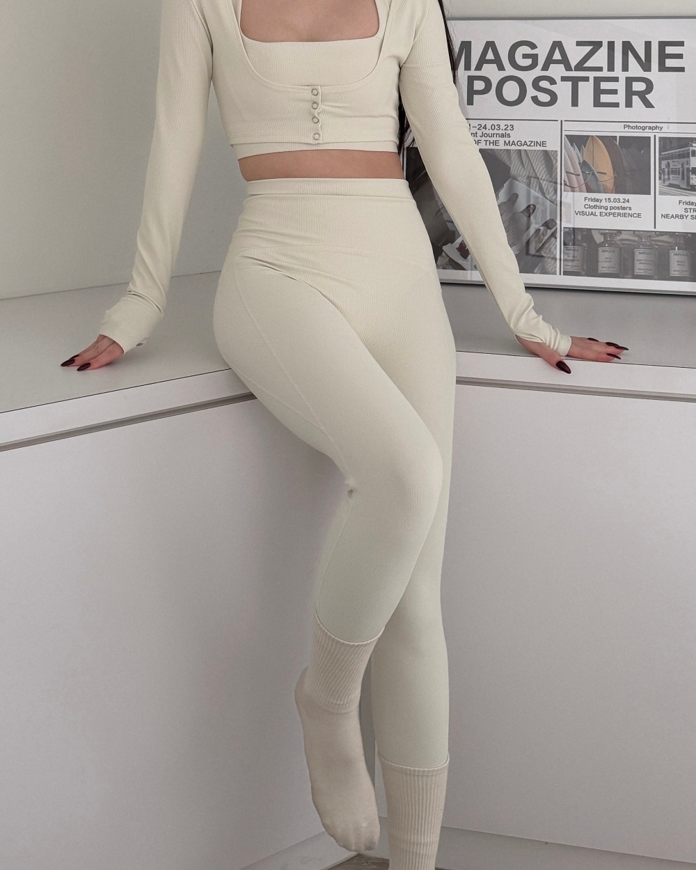 Hepburn leggings 超收腹羅紋瑜珈褲/ 奶白
