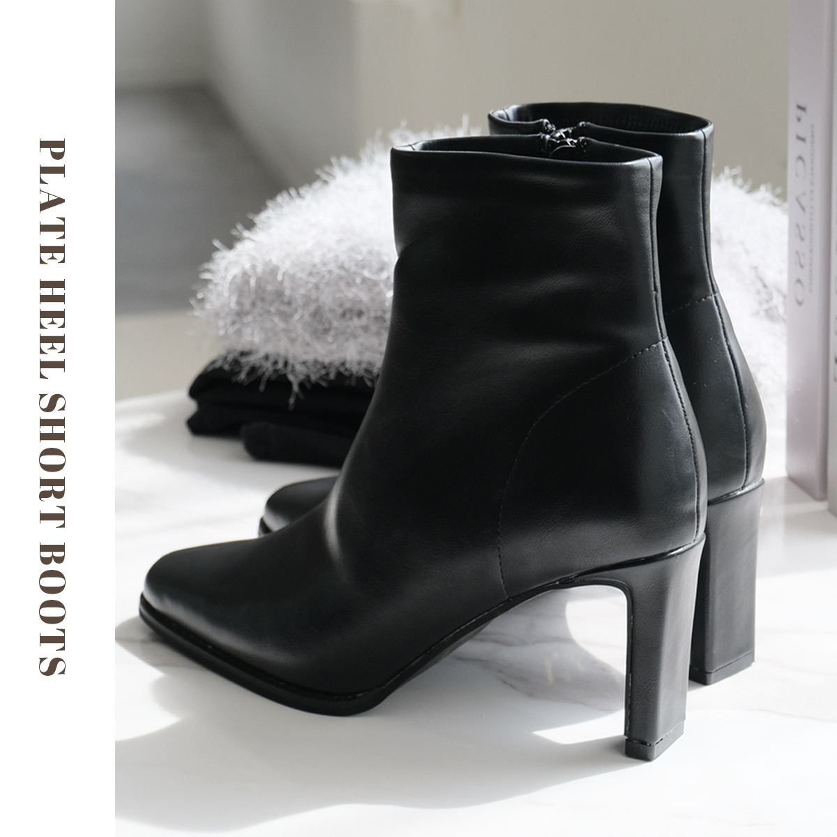 辣妹風格 方頭板跟短靴【CX3216】