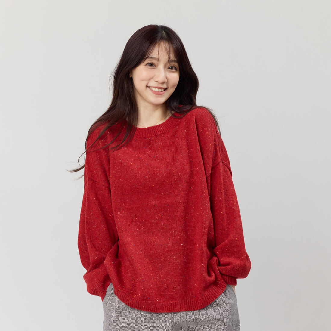 Melissa彩點圓領寬版針織毛衣/蘋果紅