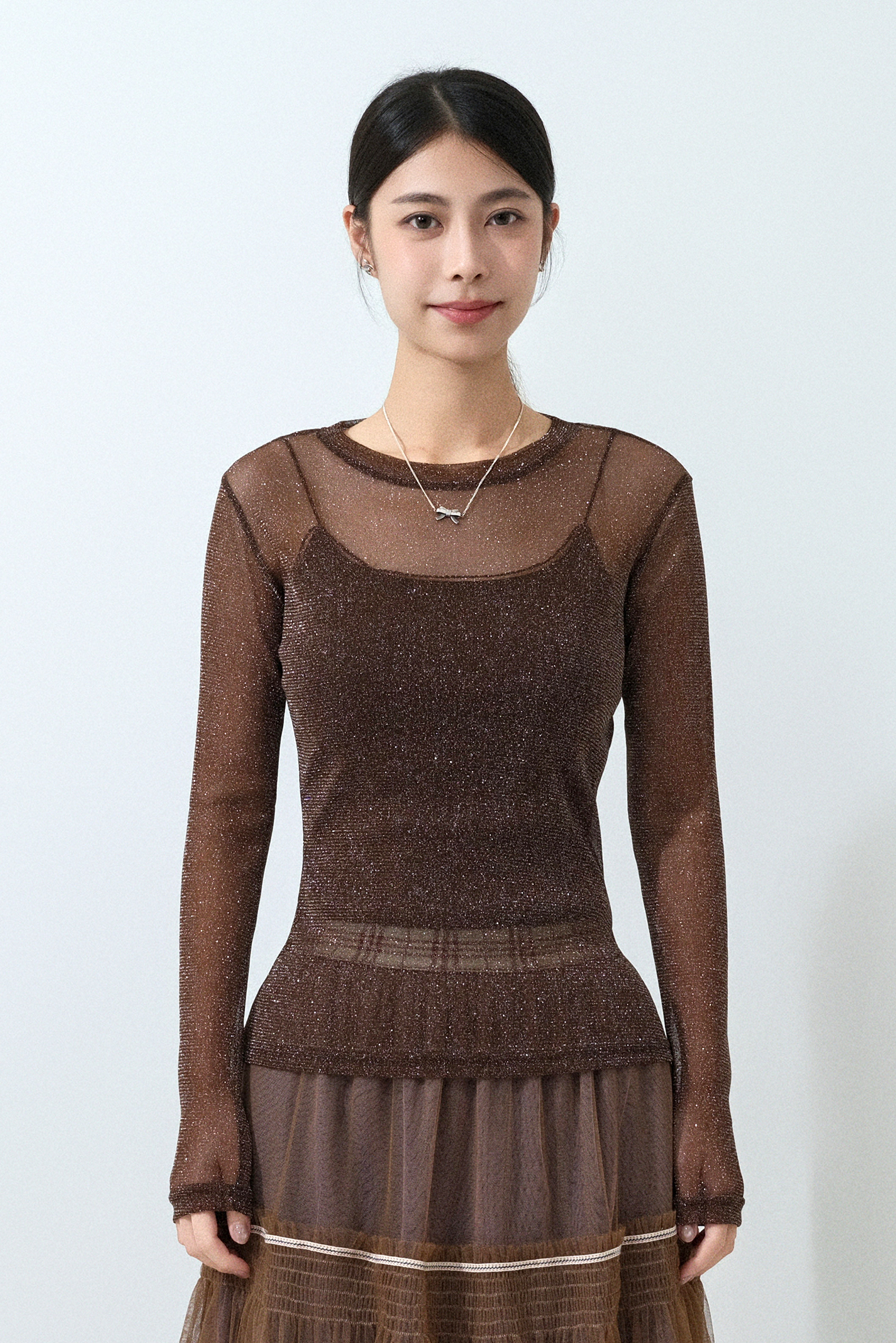 閃線網紗彈性上衣 (預購產品）