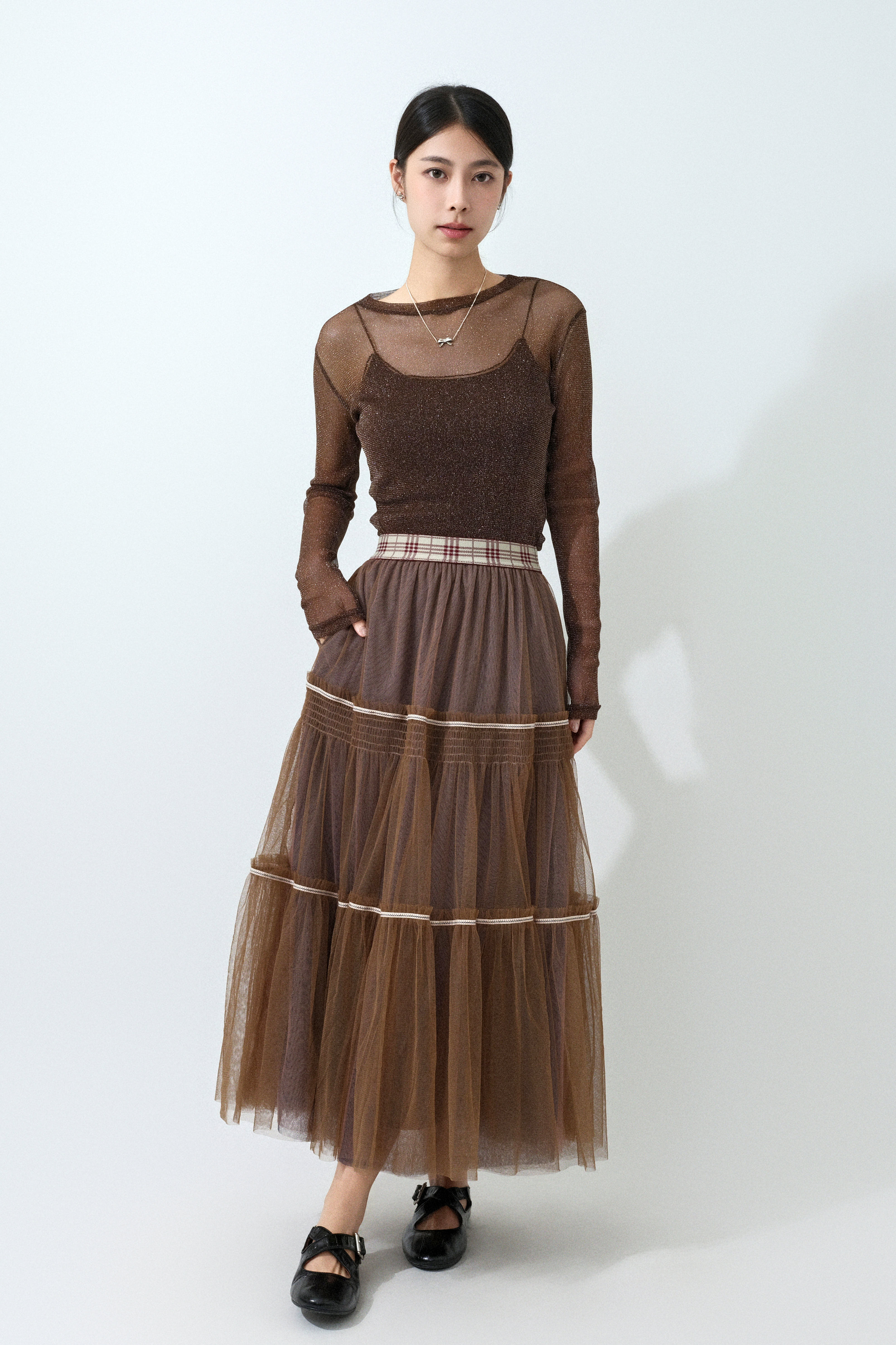 閃線網紗彈性上衣 (預購產品）