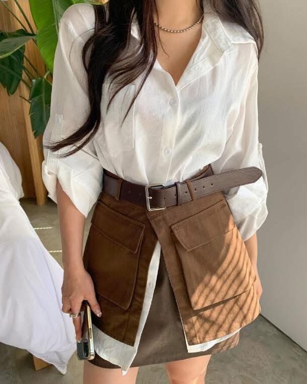 【時髦又簡約的襯衫+工裝裙圍套裝組】（現貨）