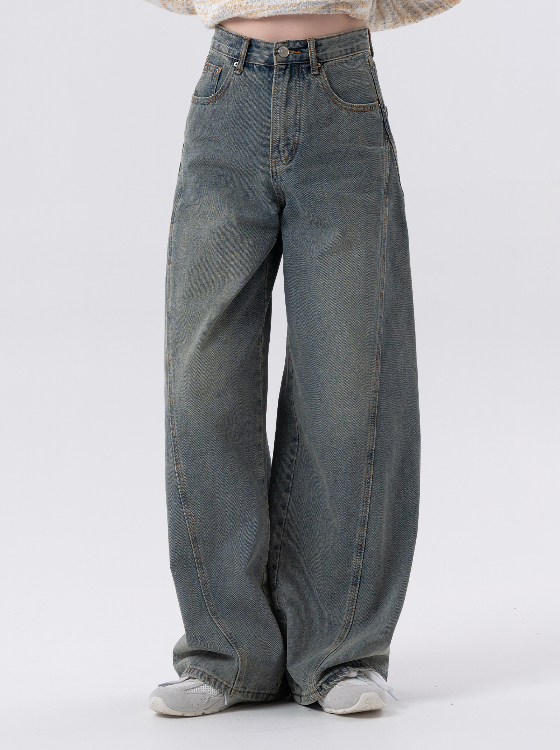 【2件1499】立體剪裁闊腿牛仔褲