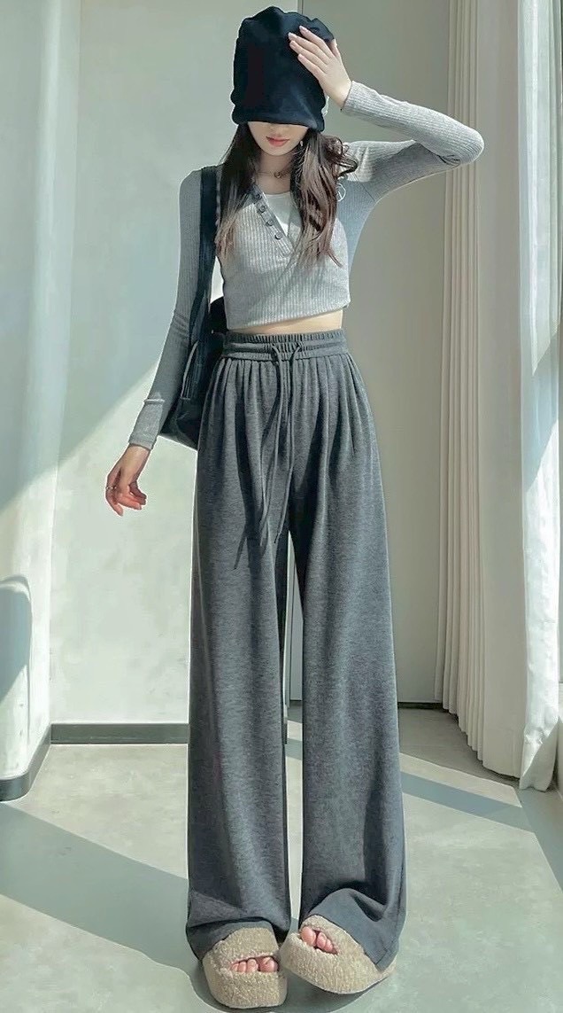 抽繩口袋舒服絨布寬褲