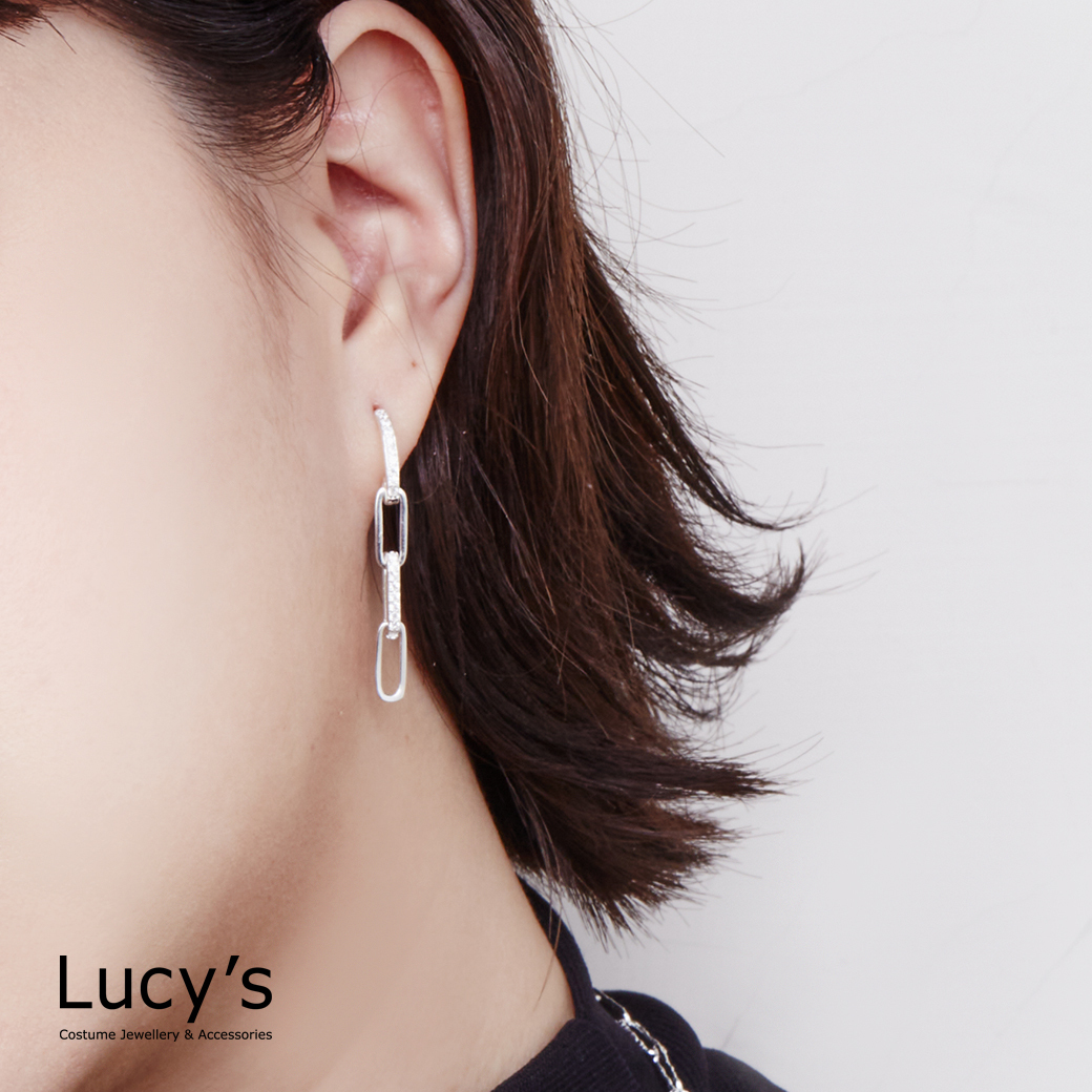 925純銀 鑲鑽鏈結 耳環 (123151)