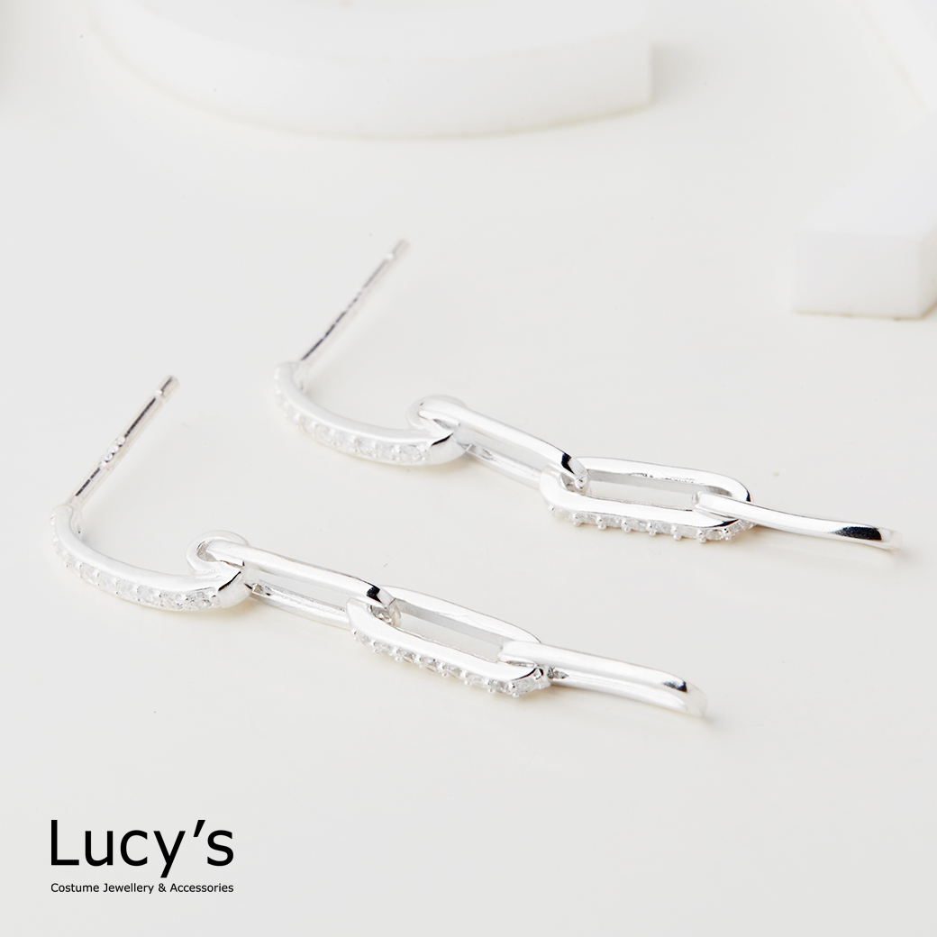 925純銀 鑲鑽鏈結 耳環 (123151)